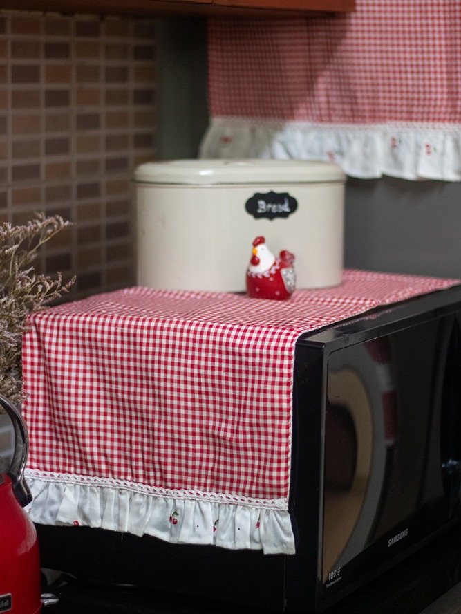 Kitchen Appliance Cover (For Oven) - Red gingham with cherry theme ruffled edges