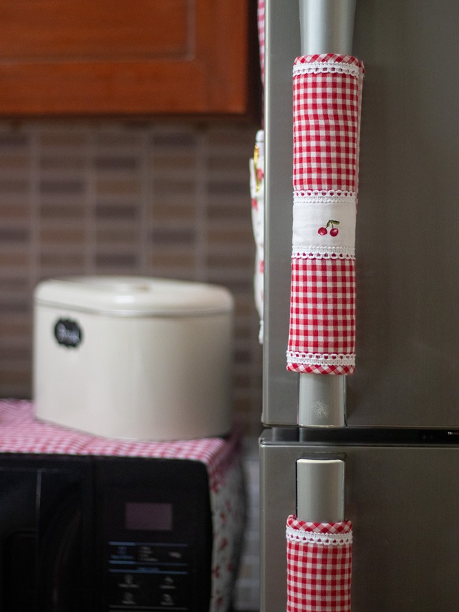 Fridge Handle Covers - Red gingham with cherry themed patchwork detailing  (set of 2)