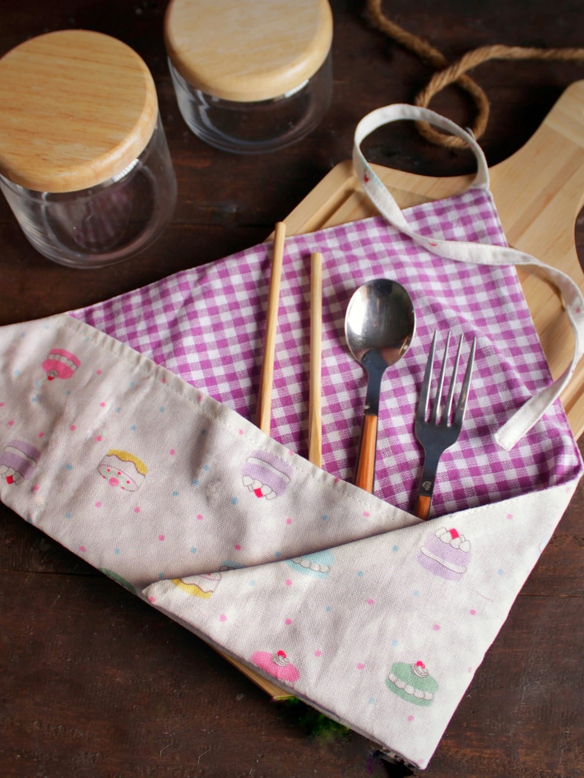 Cutlery Wrap / Cutlery Carry Pouch - Reversible - cupcake and purple gingham themed