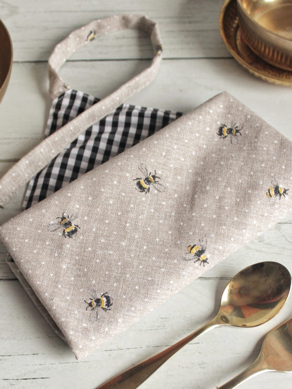 Cutlery Wrap / Cutlery Carry Pouch - Reversible - Black gingham and bee themed