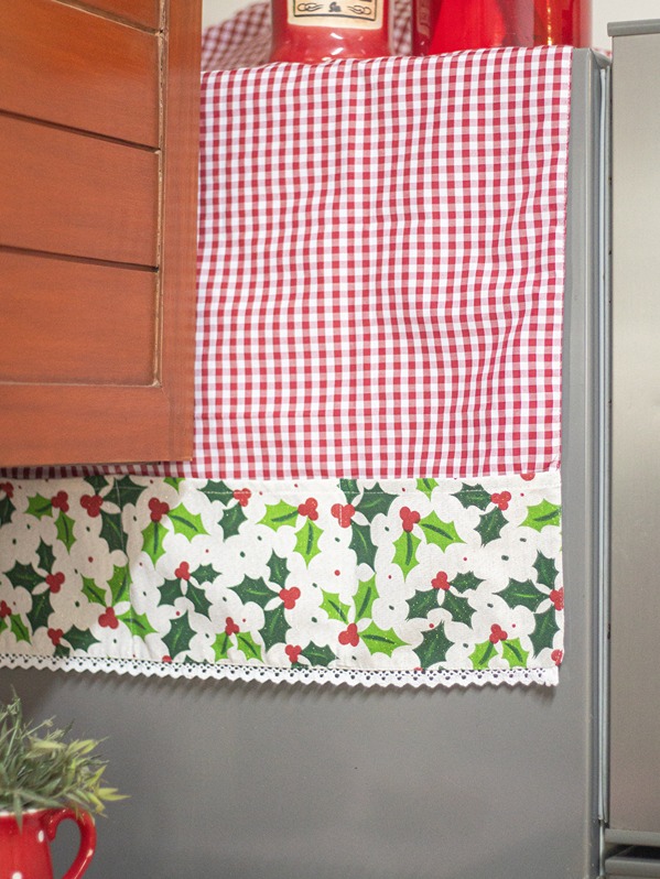 Kitchen Appliance Cover (For Fridge Top) - Red gingham with Christmas holly theme (REVERSIBLE)