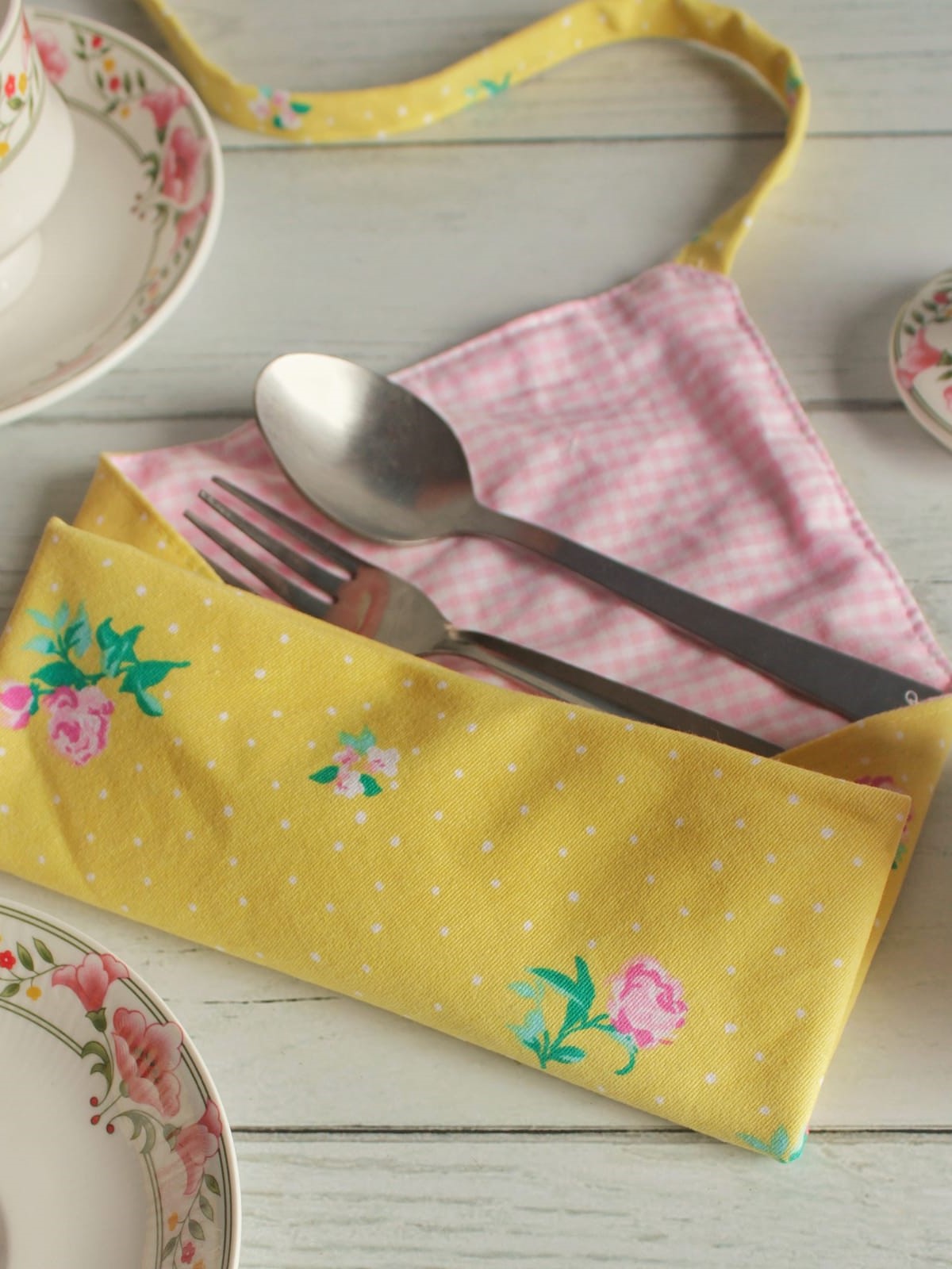 Cutlery Wrap / Cutlery Carry Pouch - Reversible - Yellow floral with pink gingham themed