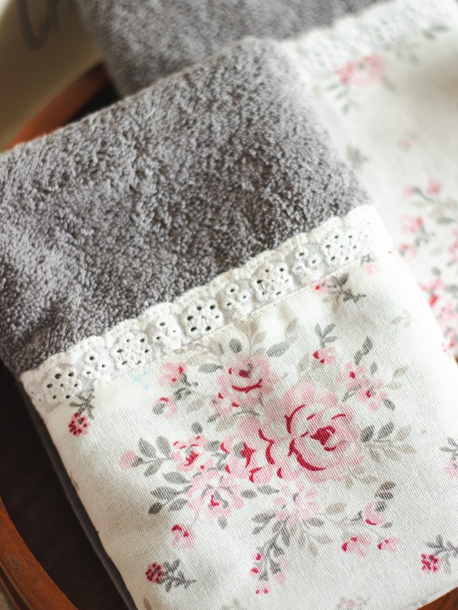Single Hand Towel - Grey with pink floral fine lace detailing (Size: 16