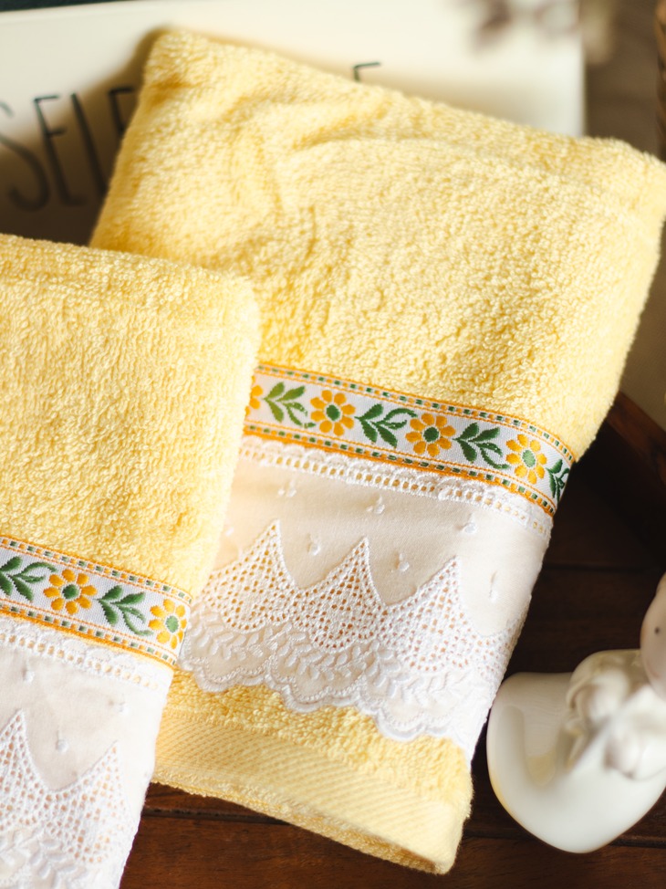 Single Hand Towel - Yellow with elegant cotton lace and floral embroidery ribbon detailing (Size: 16