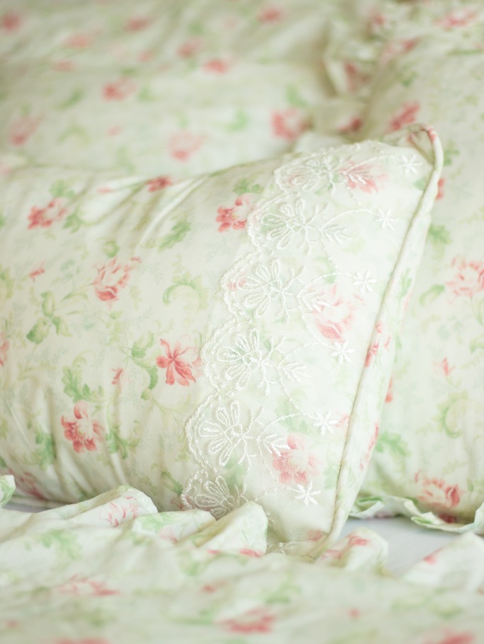 Lumbar Cushion Covers - Green floral with fine lace and piping  (12