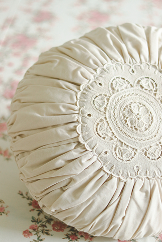 Round Cushion Cover - Beige with cutwork detailing (Size: 16