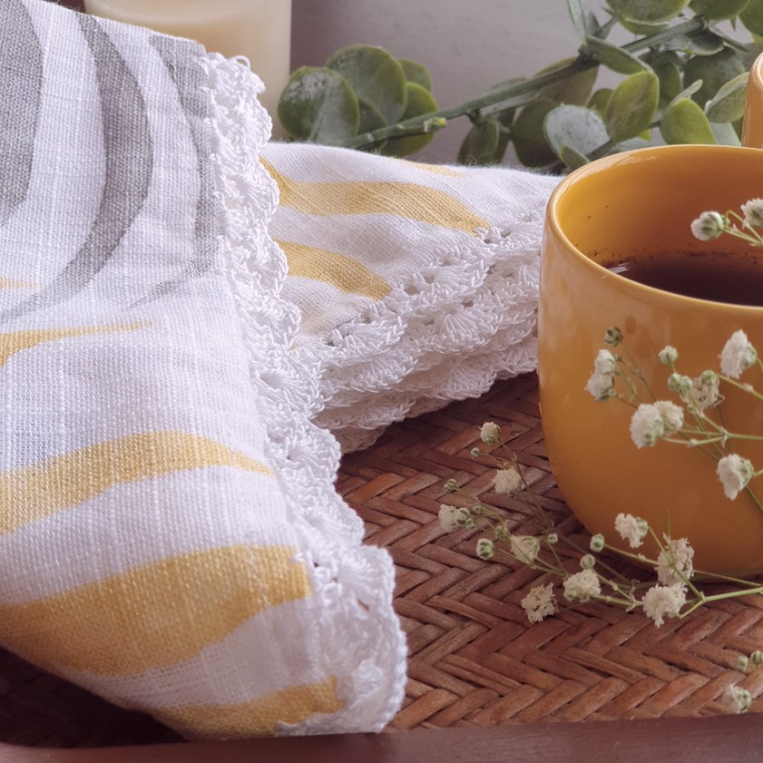 Dinner Napkins - Yellow and grey leaves themed with handmade crochet detailing (Size: 16