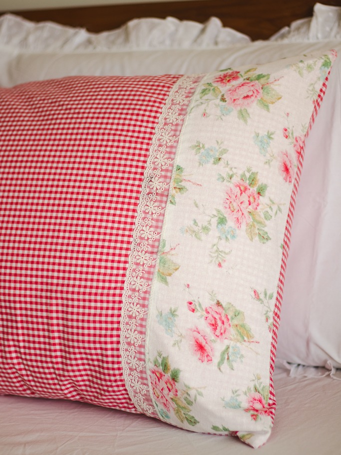 Pillow Covers - Dark pink gingham with floral and lace detailing (Set of 2 units) 