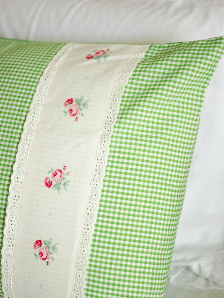 Pillow Covers - Green gingham with floral and lace detailing (Set of 2 units) 