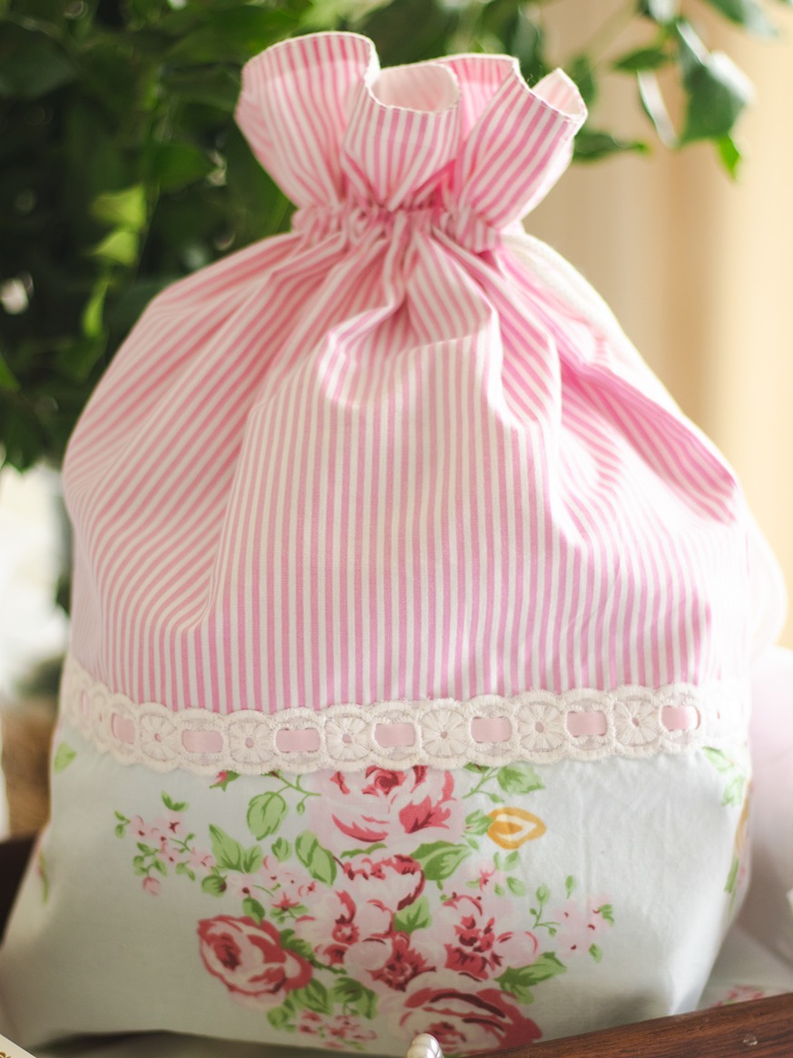 Drawstring Bag - Pure Elegance (floral, stripes, lace and ribbon) (Size: 12