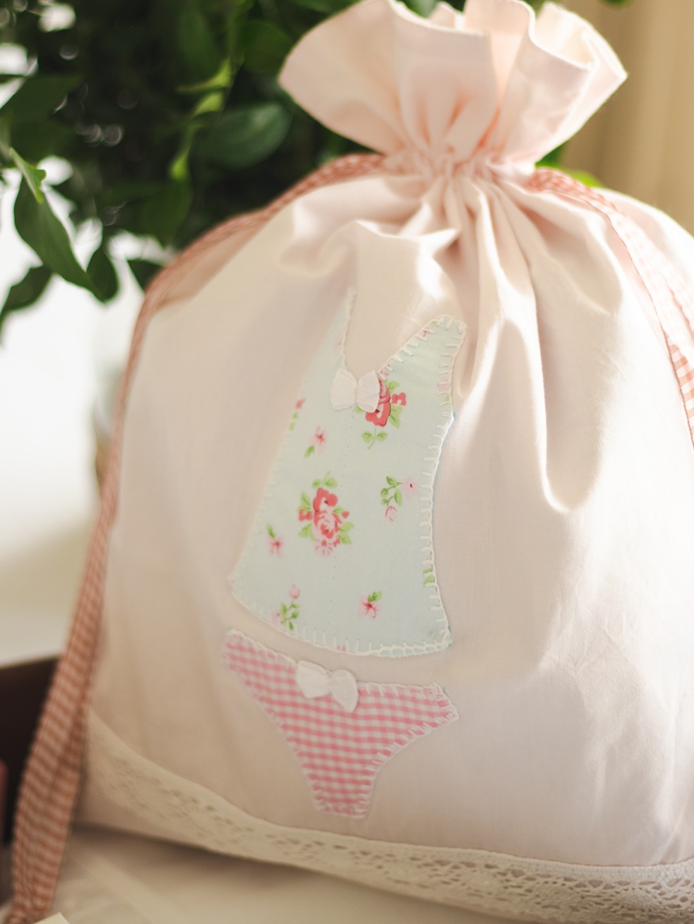 Drawstring Bag - Light pink with slip and underwear applique detailing (Size: 12