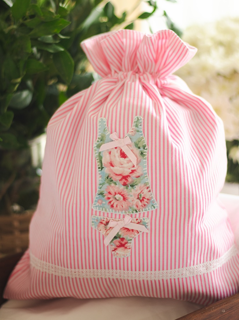 Drawstring Bag - Pink striped with undergarment applique detailing (Size: 12