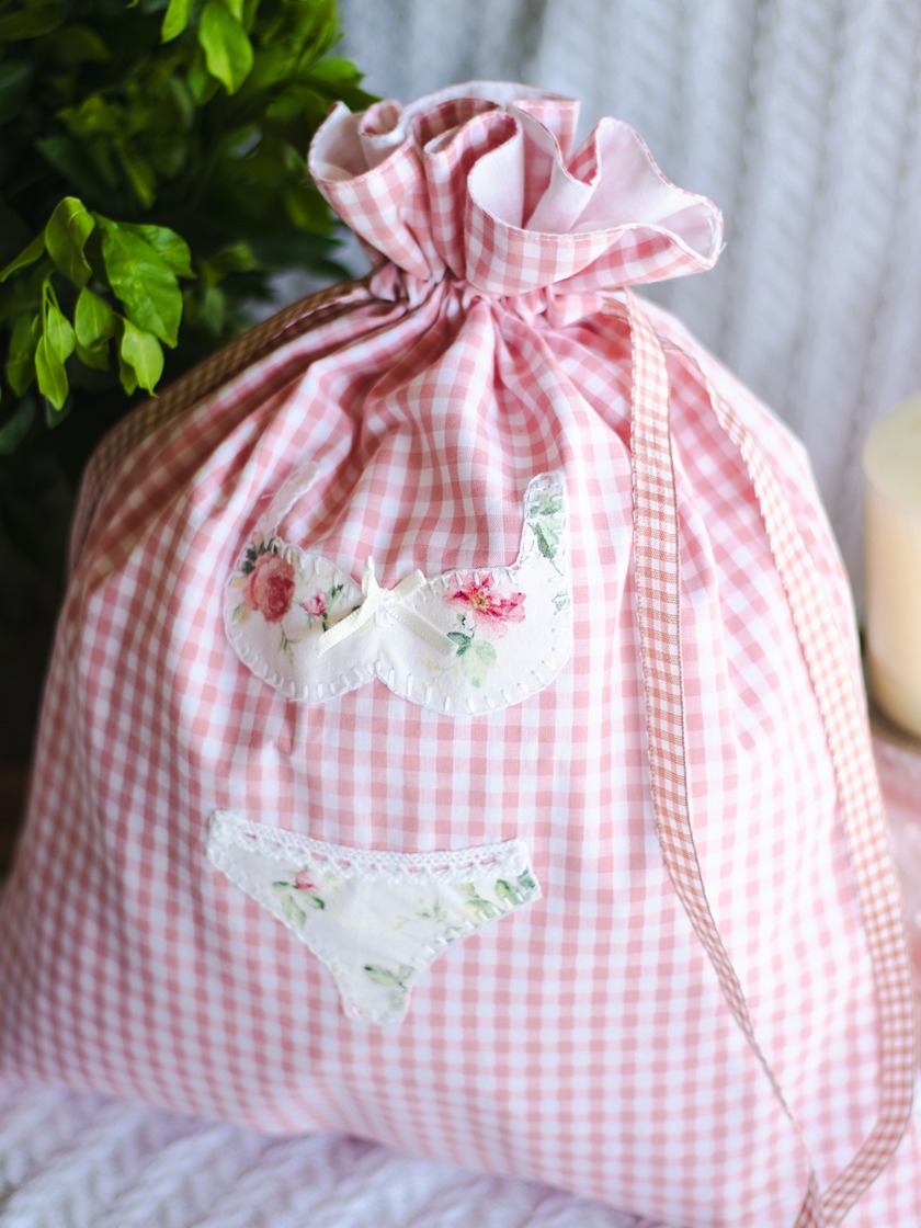 Drawstring Bag - Pink checks with floral undergarments applique detailing (Size: 12