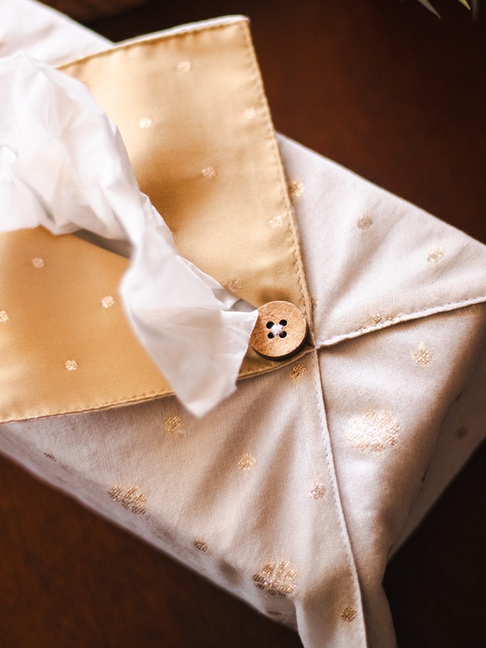 Tissue Box Cover - Cream gold motifs with beige silk