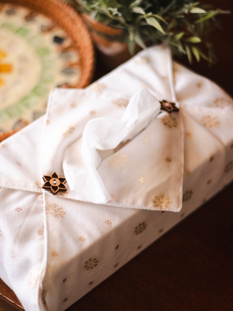 Tissue Box Cover - Cream gold motifs with star buttons