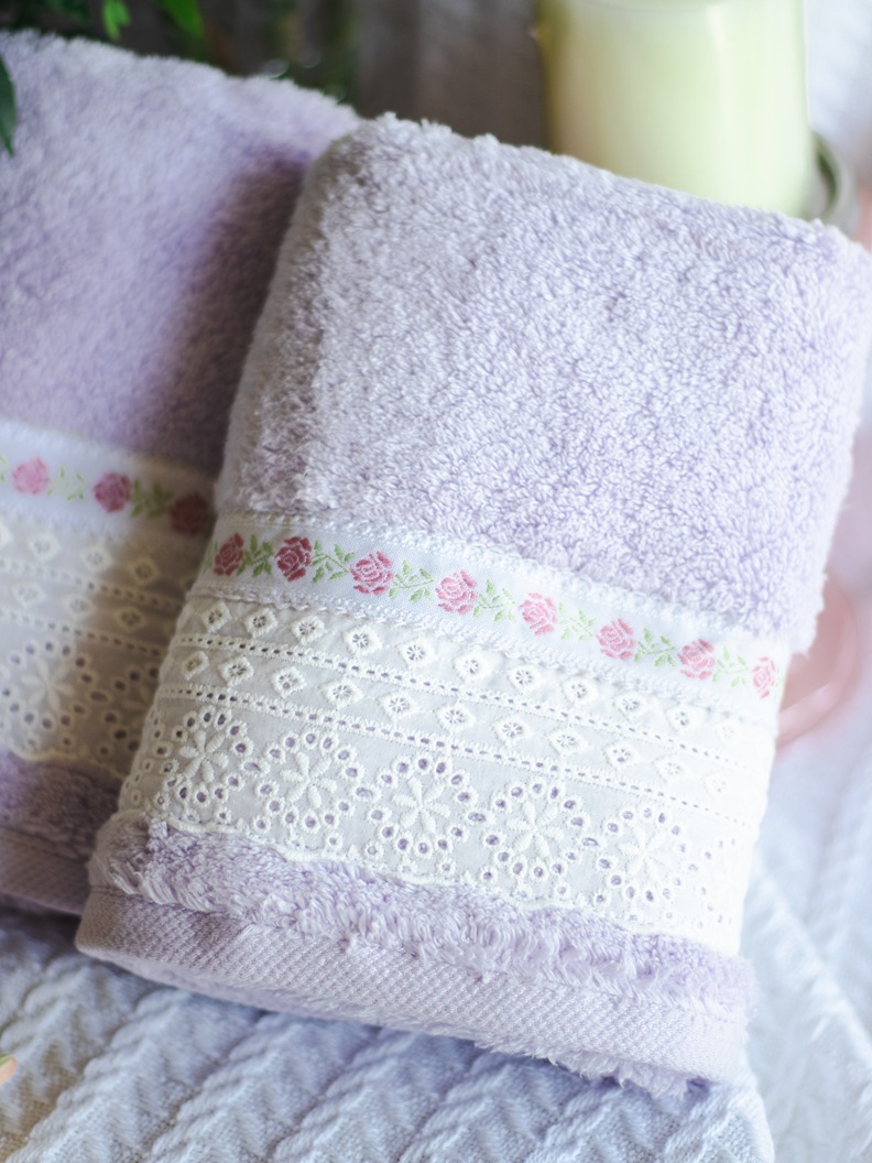 Premium Hand Towel - Pastel purple with elegant cotton lace and floral ribbon (Single Unit) (15