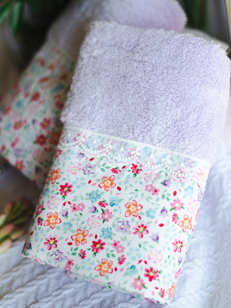 Premium Hand Towel - Pastel purple with petite floral and lace (Single Unit) (15
