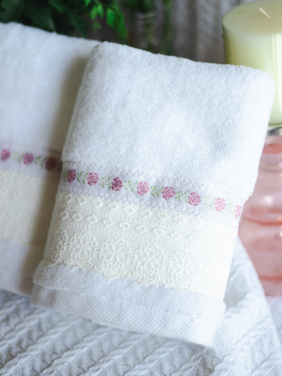 Premium Hand Towel - White with elegant cotton lace and floral ribbon (Single Unit) (15