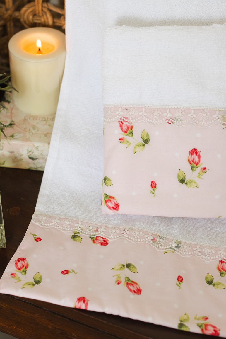 Hand Towel - White with pink rose bud themed detailing (Size: 16