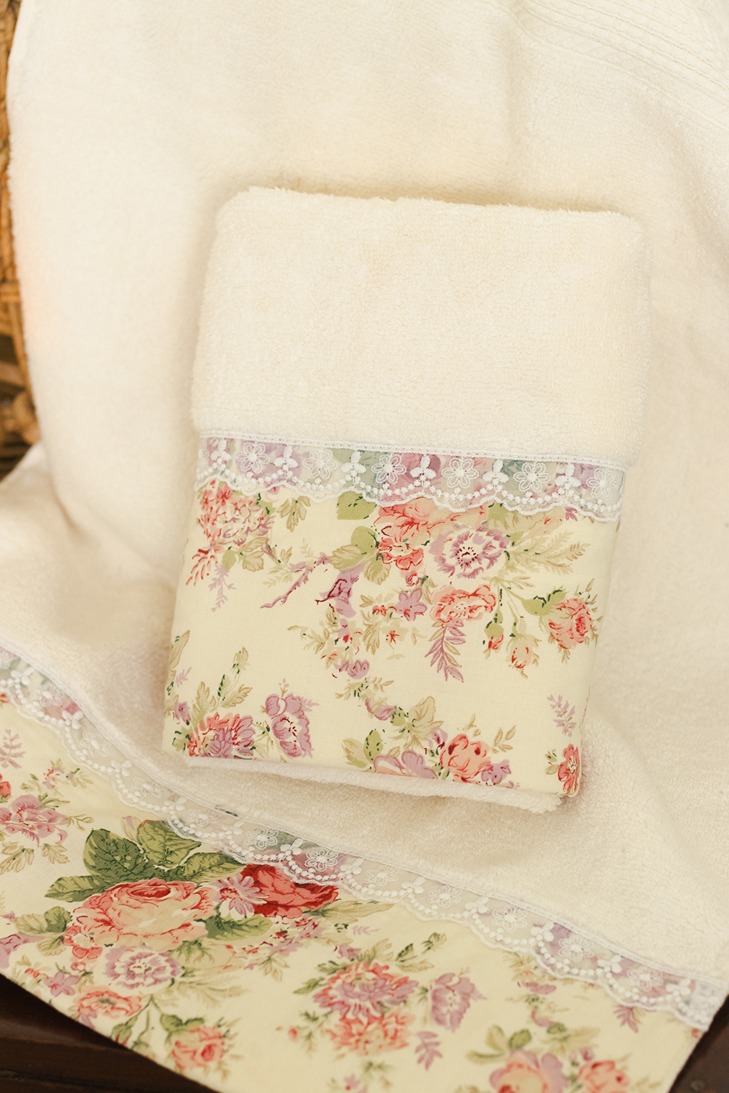 Premium Hand Towel - Cream with purple English floral and lace (Single Unit) (15