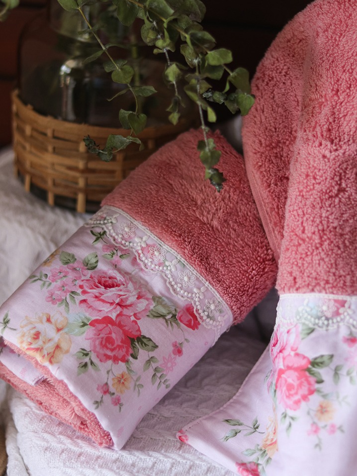 Premium Hand Towel - Pastel pink with floral, fine lace detailing (Single Unit) (15