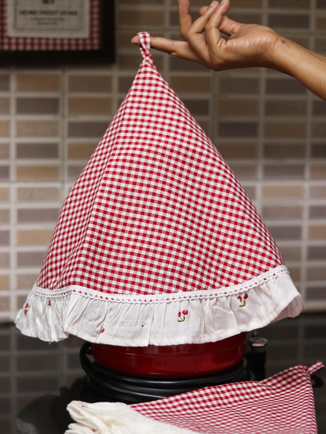 Round Appliance Cover (For Mixies, Kettles etc ) - Red gingham with cherry themed ruffles around