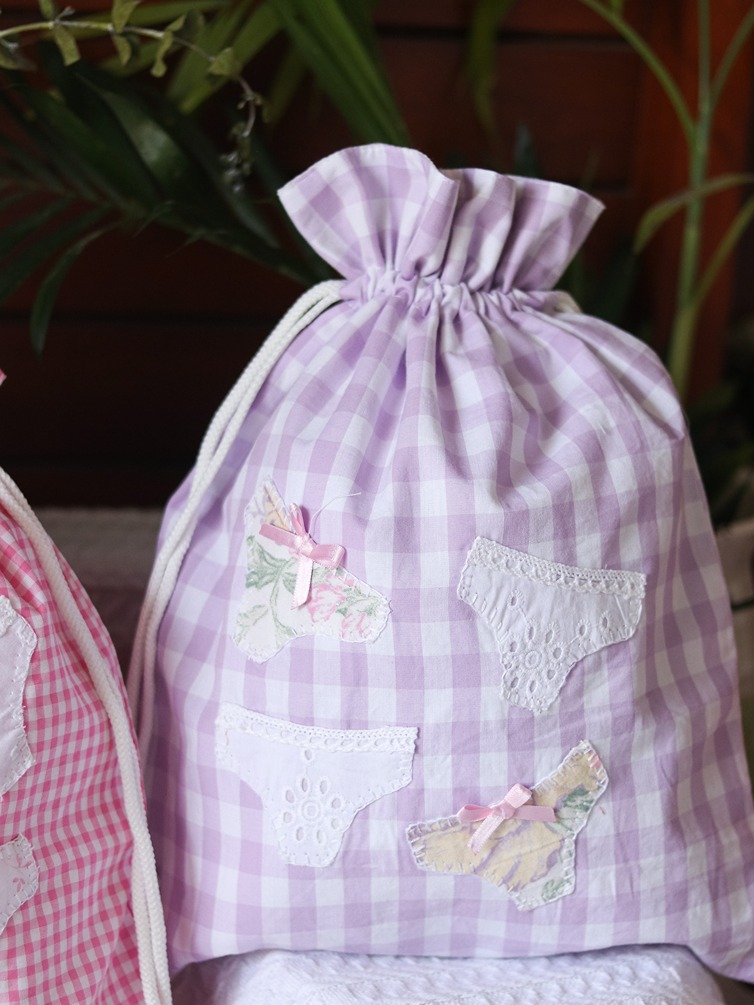 Drawstring Bag - Purple checks with undergarments applique detailing (Size: 12