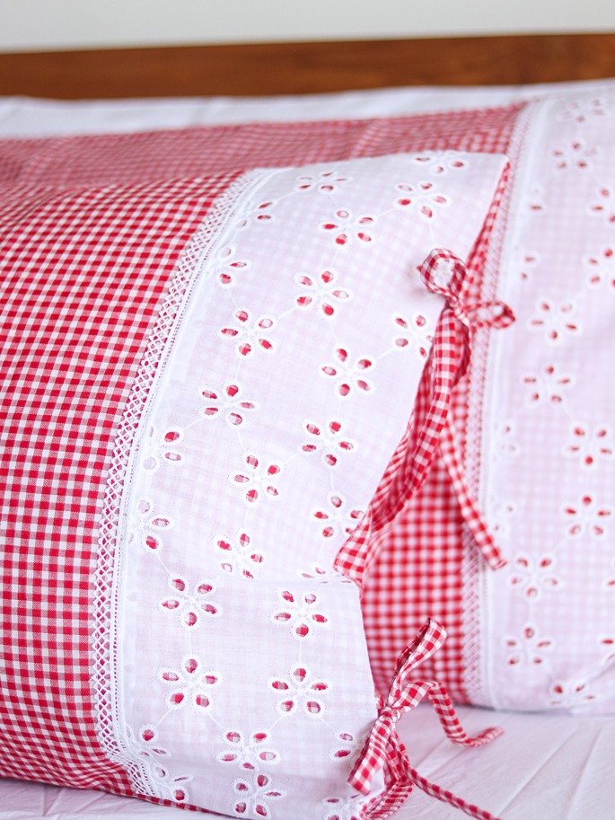 Pillow Covers - Red Gingham with white floral hakoba and tying closure (Set of 2 units) 