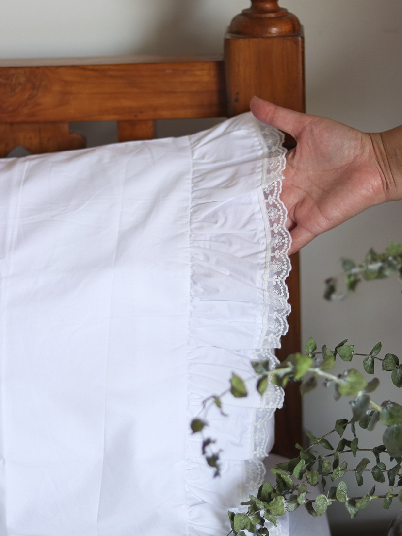 Pillow Covers - White with ruffled edges with fine lace detailing (Set of 2 units) 