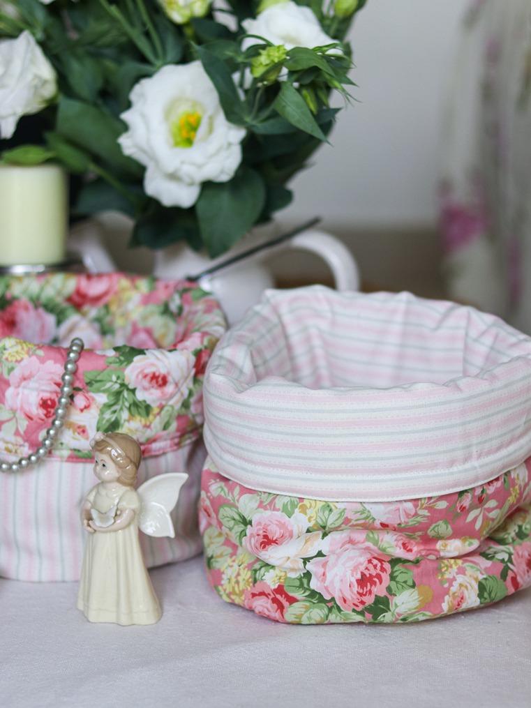 Quilted Fabric Baskets - Pink floral bed and pink stripes (Reversible )