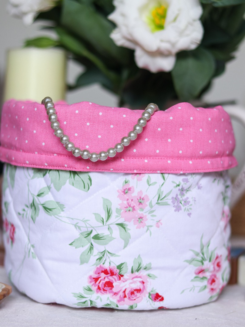 Quilted Fabric Baskets - White and pink floral bed and pink polka (Reversible )