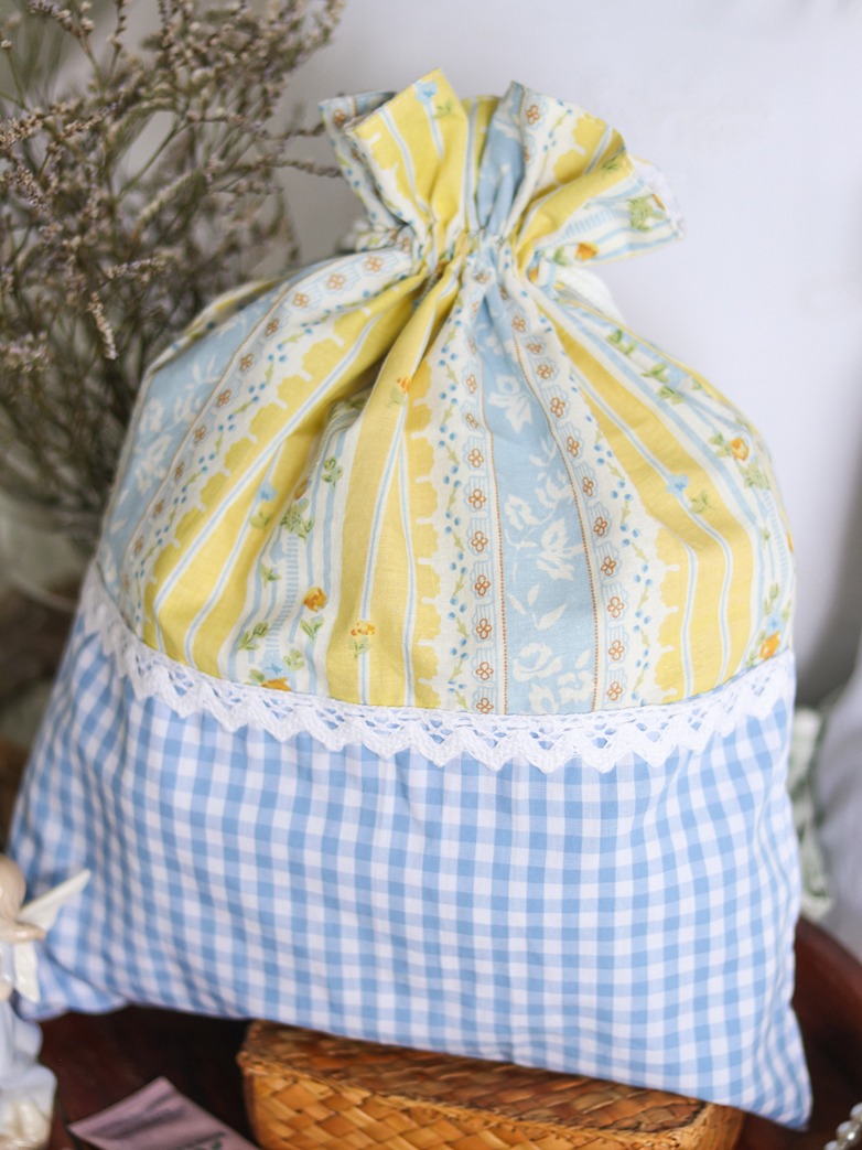 Drawstring Bag - Blue gingham with yellow floral and lace detailing (Size: 12