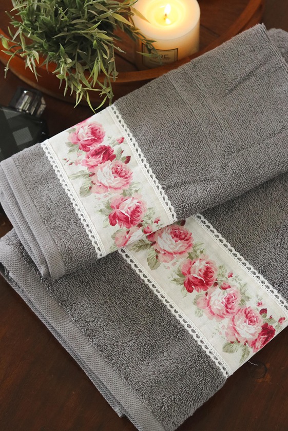 Bath & Hand Towel Set - Grey with floral and lace detailing 