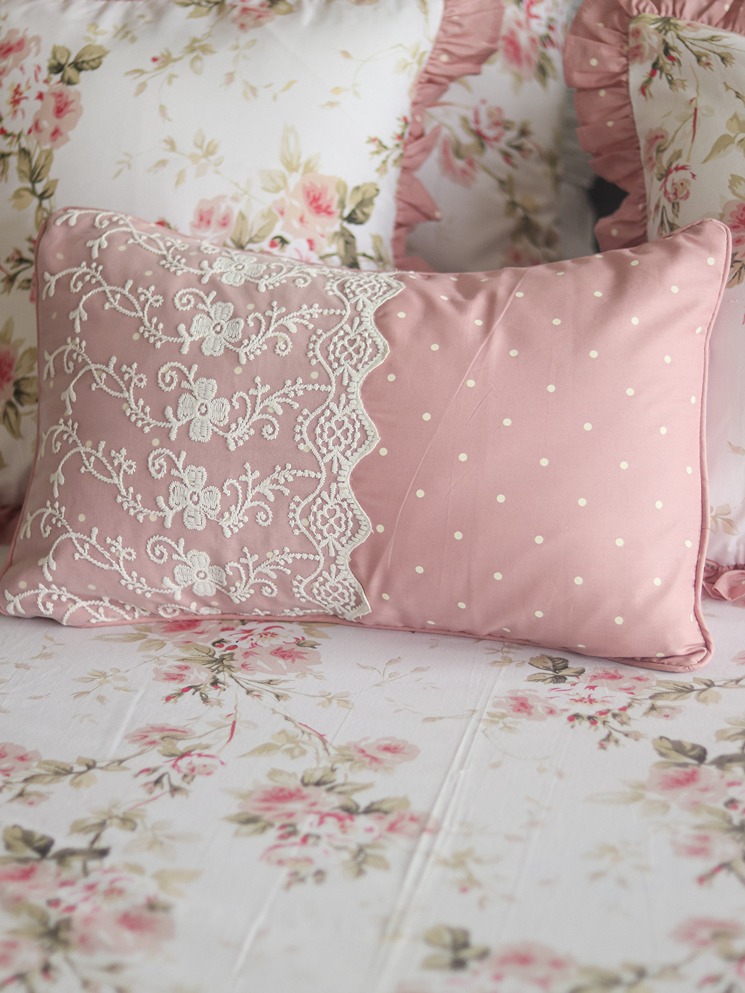 Lumbar Cushion Covers - Pink polka with elegant lace detailing (12