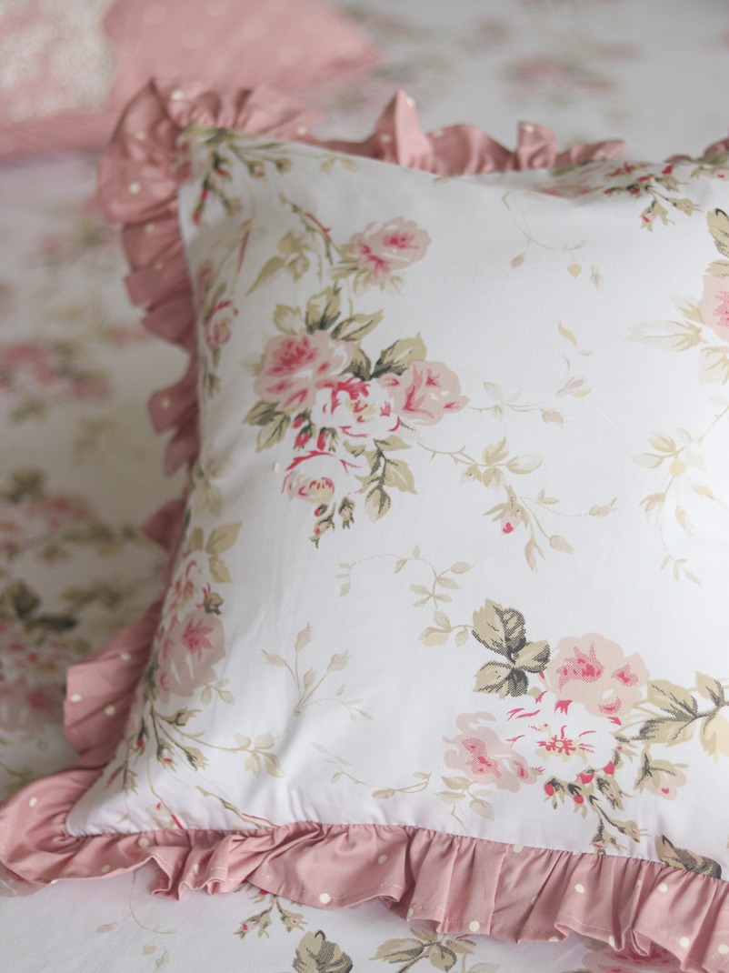 Cushion Covers - Pink floral with pink polka ruffled edges (16