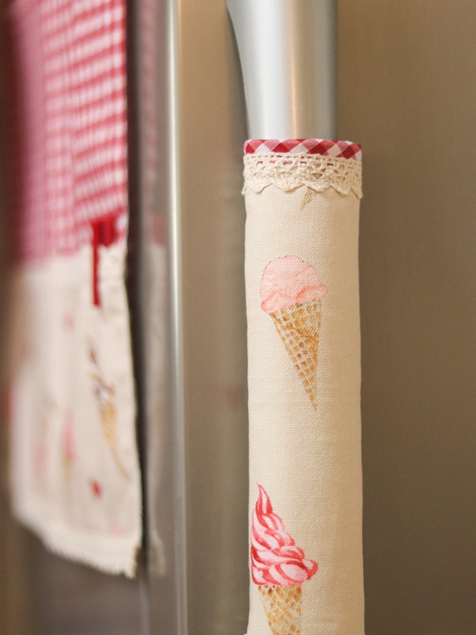 Fridge Handle Covers - Softie Swirls with Red Gingham themed piping and lace (set of 2)