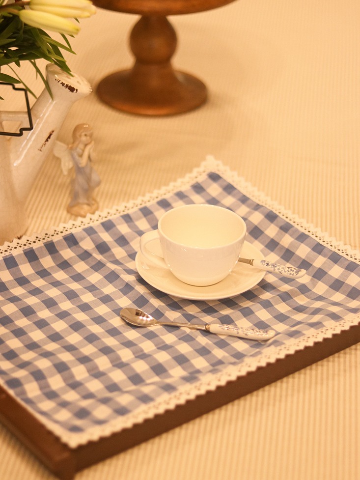 Tray Cloth - Blue checks with lace - (Small / Large) 