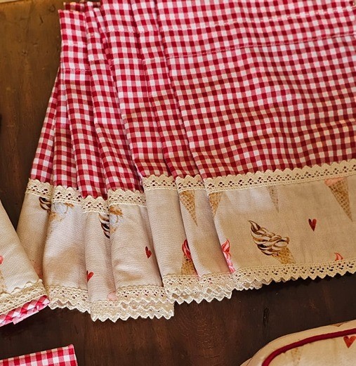 Kitchen Valance - Red Gingham with Softie Swirls Themed Detailing (Size: 12