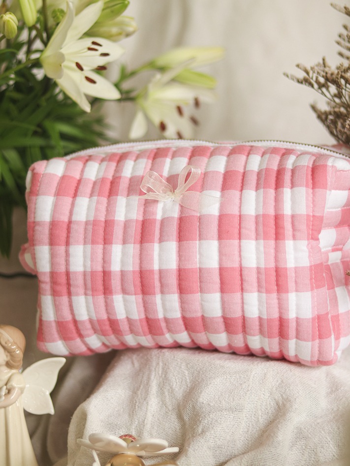 Multipurpose Pouch / Cosmetic Kit -  Pink Checks (Large size: 12