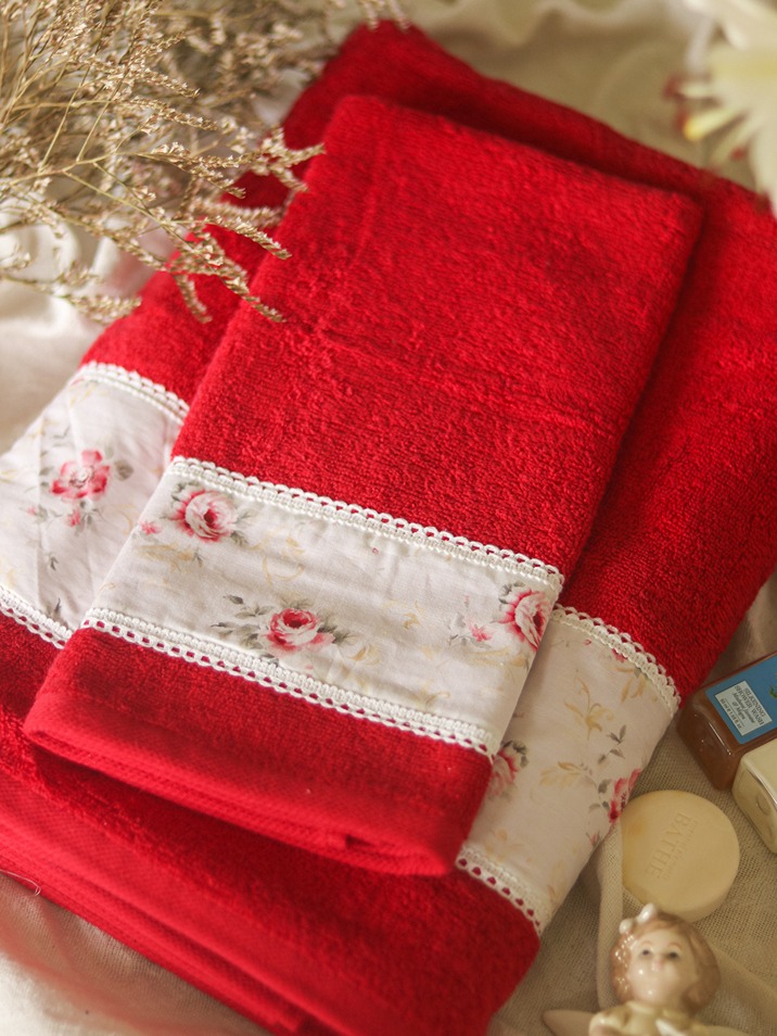 Bath & Hand Towel Set - Red with floral and lace