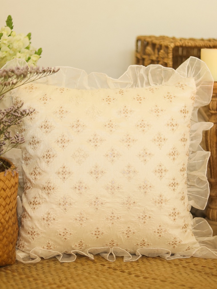 Cushion Covers - Festive Delight - White with embroidery, stripes and organza ruffles (Two-in-one)- 16