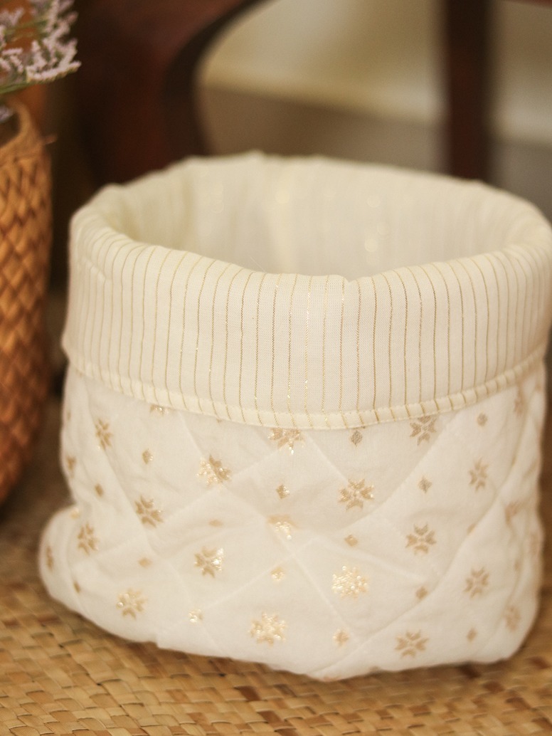 Quilted Fabric Baskets - Festive - Gold motifs & Stripes (Two-in-one) (Reversible )